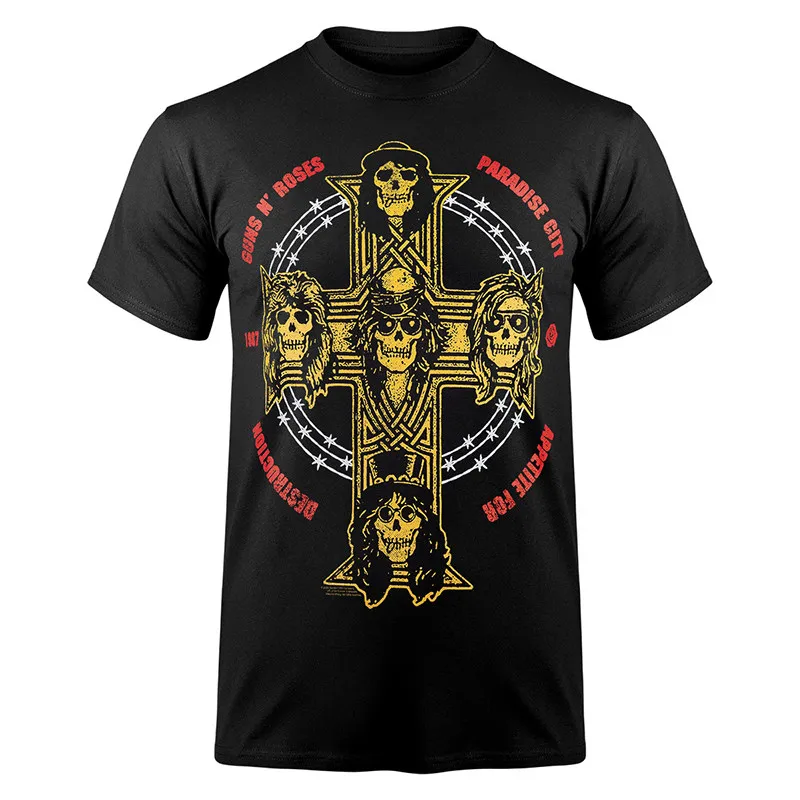 Retro Guns N 'Roses Skull Pistol Rose Rock Dark Style Cotton Short-sleeved T-shirts for Men and Women