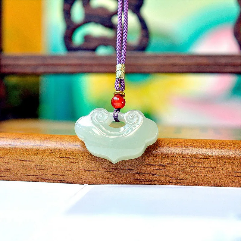 Natural Hetian Jade Wealth And , Auspicious Fortune Lock Pendant With Cloud Motif
