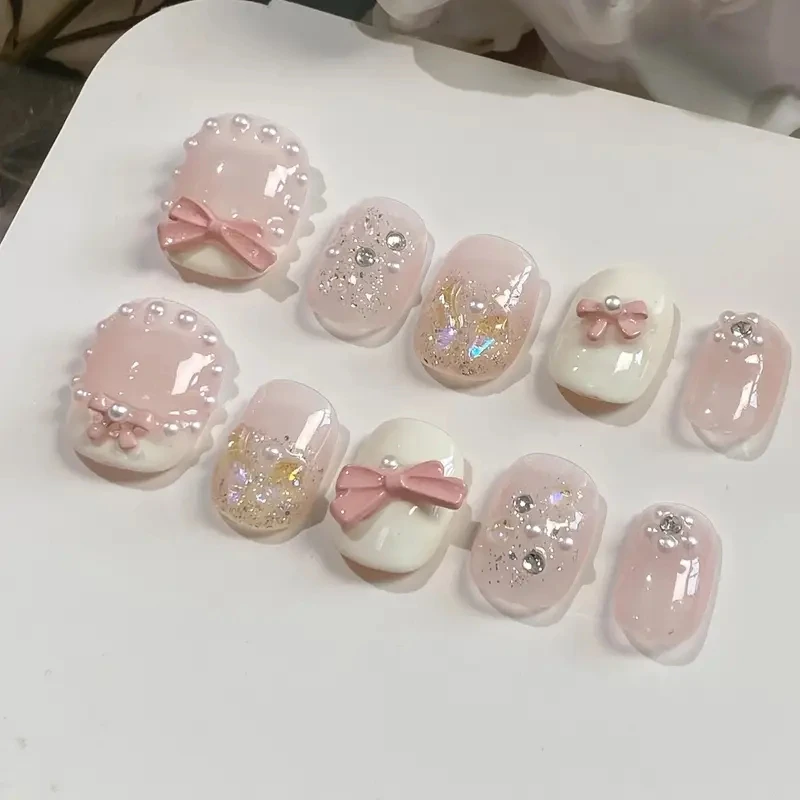 10pcs high-end Light luxury short cute bow handmade fake nails, Cute style girl nail decoration patch view 2