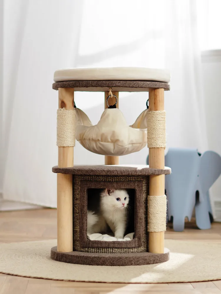 Cat climbing frame, tree integrated solid wood kitten house hammock does not occupy an area