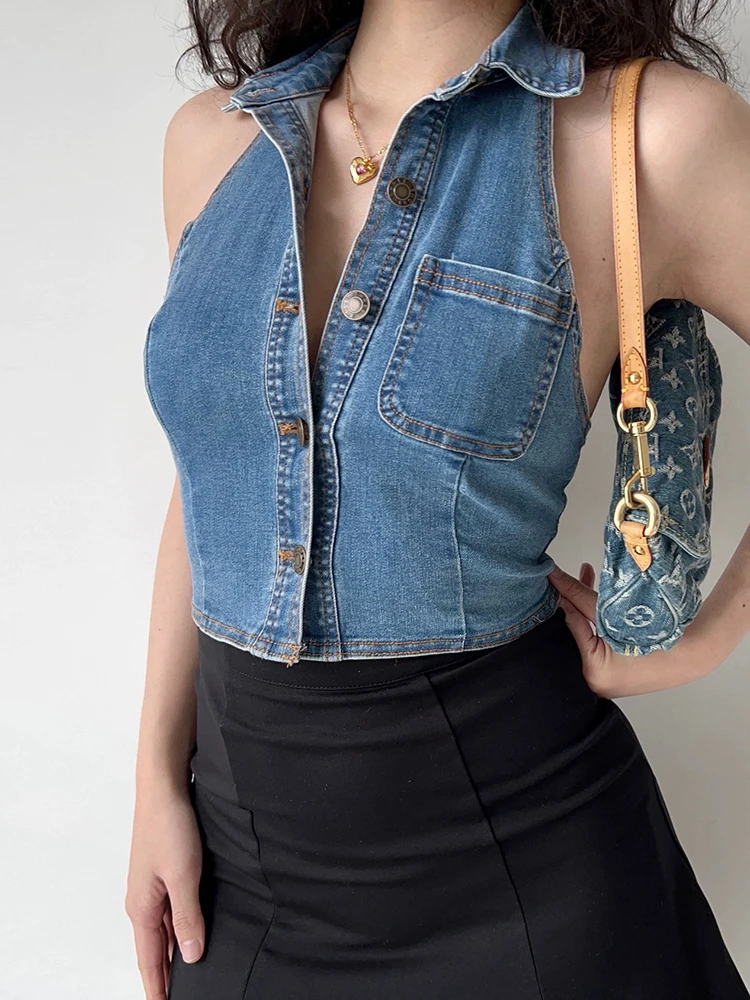 

American Vintage Sexy Backless Casual Female Denim Vest Summer Chic Single Breasted Fashion Halter Solid Color Simple Women Vest