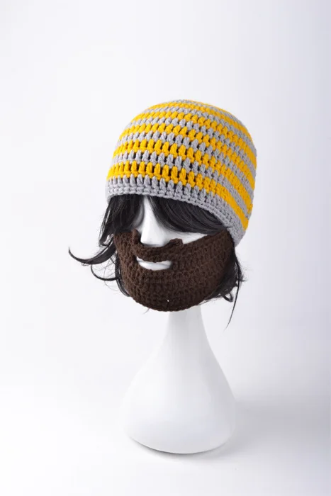 Men\'s Beard Hat Knitted Winter Beanie Striped Bonnet Touca Gorro Blue Gray Yellow Orange