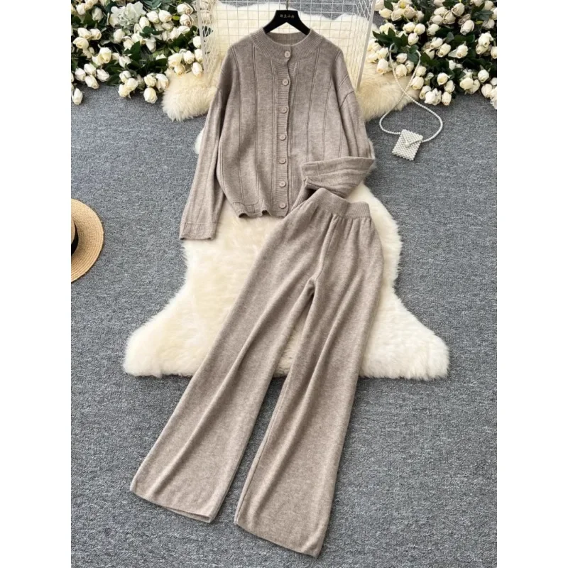 Knitted Sweater Two-piece Sets Women Autumn Winter 2024 New Fashion Warm Soft Cardigan Sweater Coat High Waist Casual Pants Suit