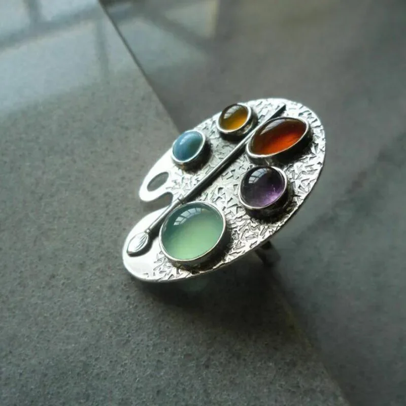 Creative Geometry Silver Color Metal Oval Inlaid Colored Stones Women Rings Vintage Die-casting Pattern Party Adjustable Ring