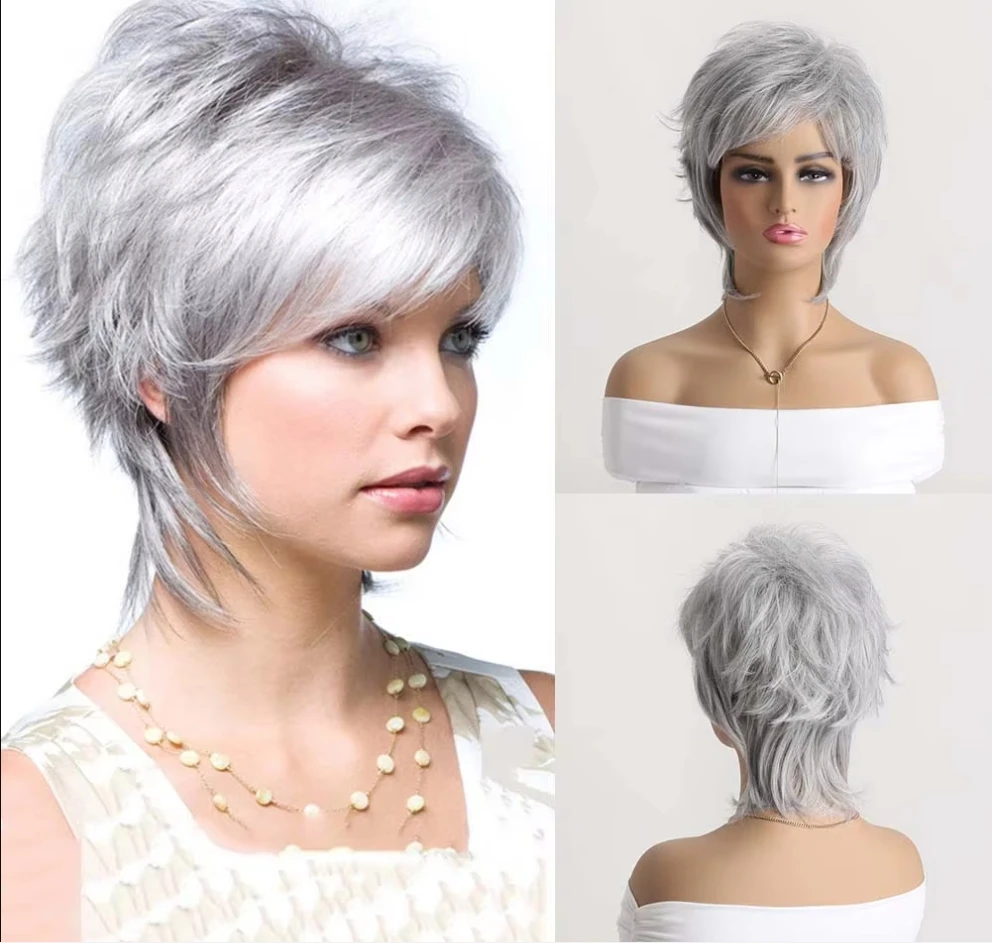 Synthetic Hair Silver Grey Wigs for Women Short Hair cuts Wigs Pixie Cut Old Lady Wig Grany Grey Wig