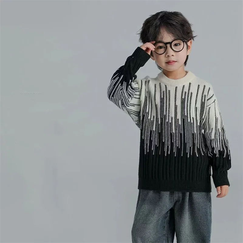 Boys Woolen Sweater Crochet Cotton Windbreak 2024 Scoop Plus Thicken Autumn Winter Teenagers Christmas Gift Warm Children's Clot