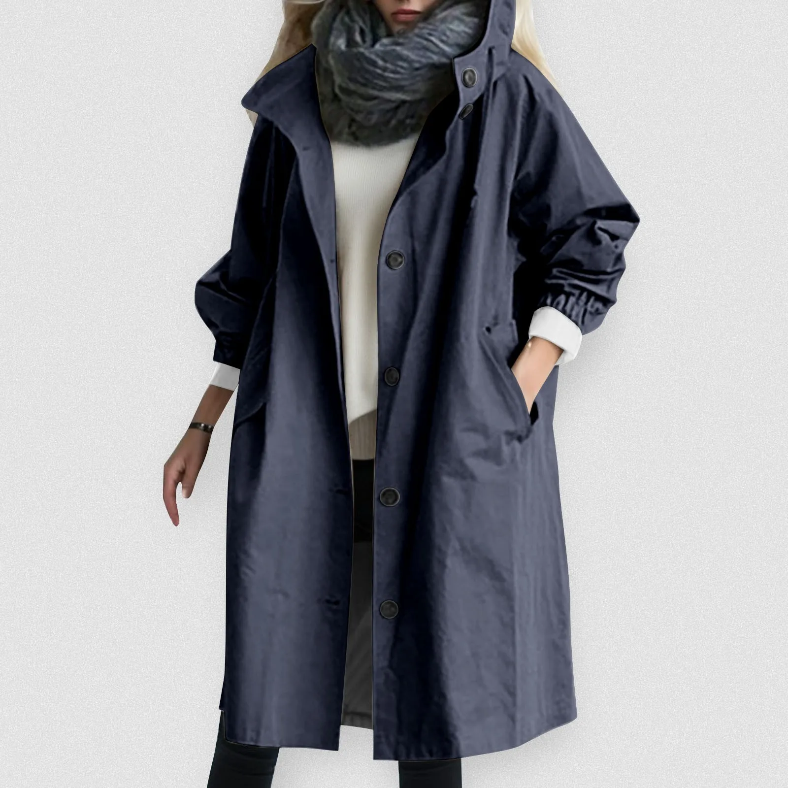 Spring Autumn Windproof Lady Female Casual  Medium Long Windbreaker Korean Solid Long Sleeve Pocket Turn-down Collar Trench