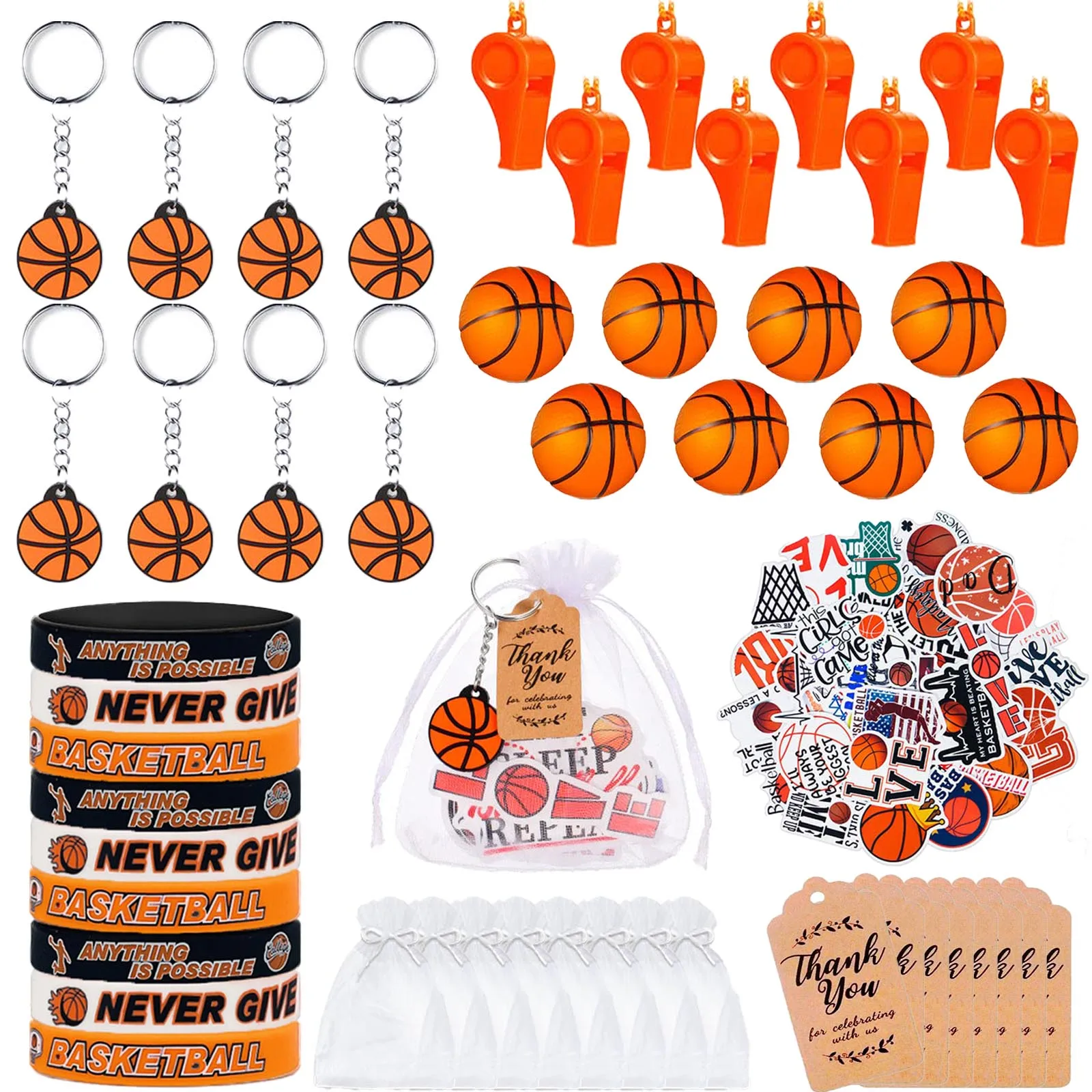 98Pcs Basketball Party Favors Set Basketball Keychains Silicone Bracelets Whistles For Basketball Sports Themed Party Supplies