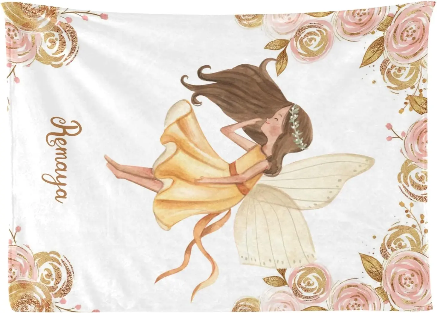 Pink Rose Fairy Girl Personalized Kid Baby Blanket Customized 30 x 40 Inch Throw with Name Text for Girl Boy Baby Shower