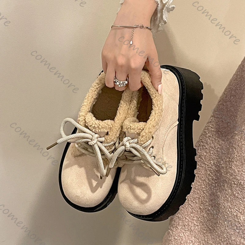 

Comemore Winter New Retro Platform Loafers for Women Fur Warm High Heels Lace-Up Cotton Shoes Casual Solid Suede Women Pumps
