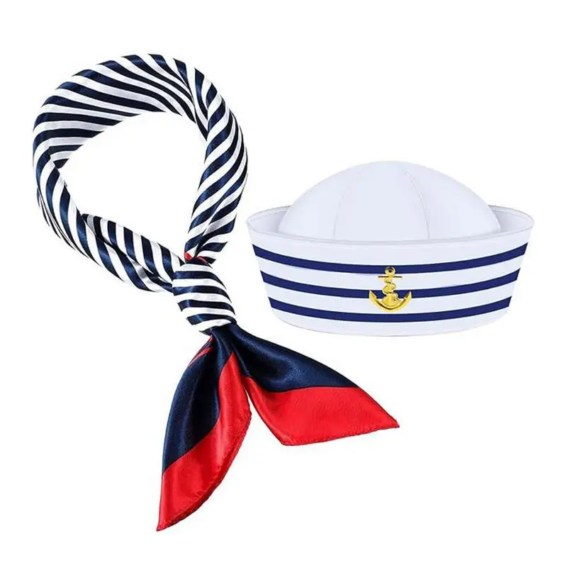 Women Business Wear Stewardess Striped Satin Small Square Scarf With Carnival Striped Navy Sailor Cap Party Captain PoliceHat