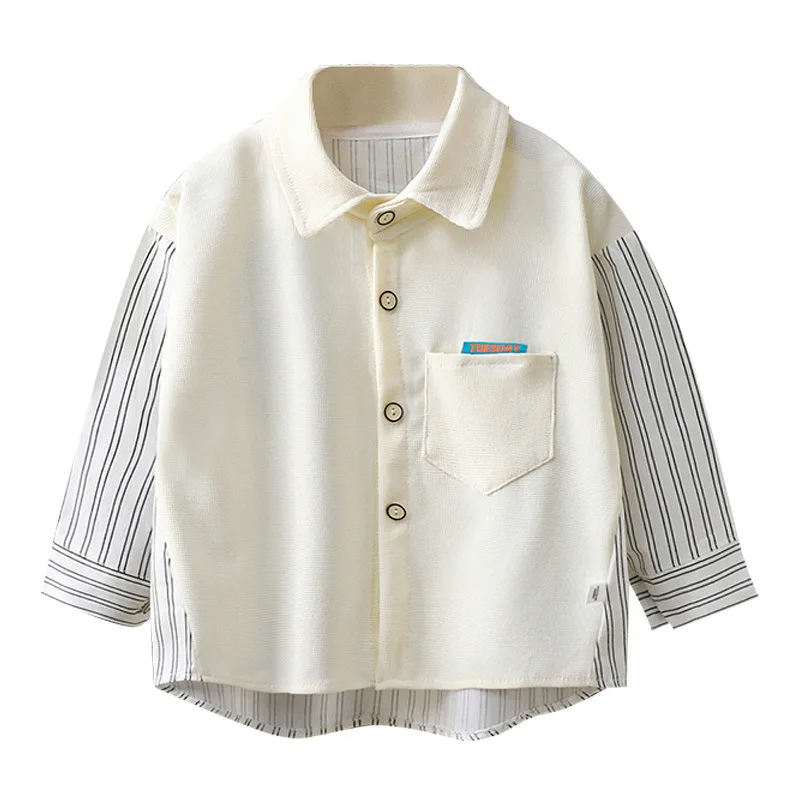 New 2023 Kids Single-breasted Long Sleeve Lapel Shirt Boys Autumn Fashion Striped Letter Print Shirts Tops Casual Clothing