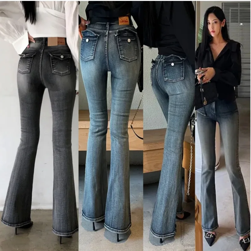 Taille haute coupe ajustée cloche Bot Denim jean femmes printemps été haute Elastici Waed bleu jean rétro Sle dames