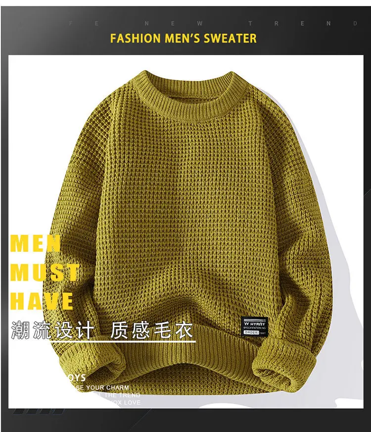 2026 Autumn Winter Men Pullovers Sweaters Knitted Top Round Neck Coarse Needle Full Sleeve Sweaters Solid Casual Loose Pullovers