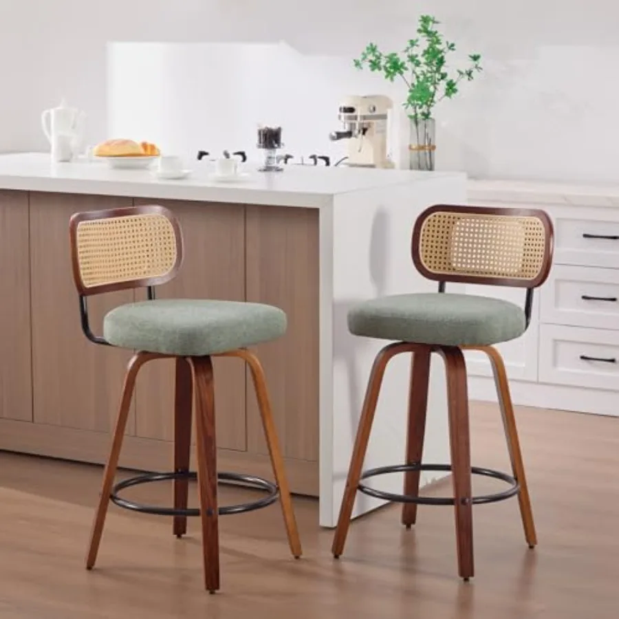 

Набор из 2 поворотных барных стульев высотой 26 дюймов с ротанговой спинкой и изогнутыми ножками, обитые льняной тканью, в стиле середины века