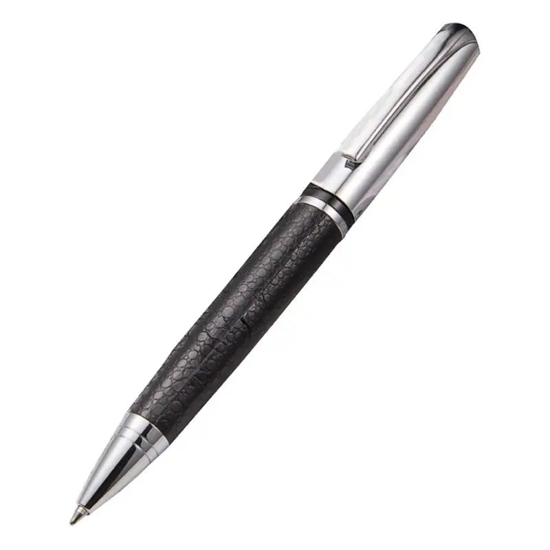 Rotary Business Pen 0.5mm Black Leather Metal Ballpoint Pens Stationery Gift QXNF