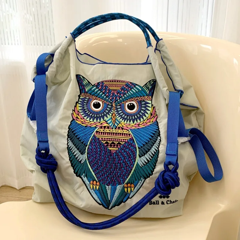 Designer Owl Embroidery Tote Bag Rope Handle Shoulder Bags Brands Nylon Handbags and Purses Large Ball Eco Bag Shopper Purses