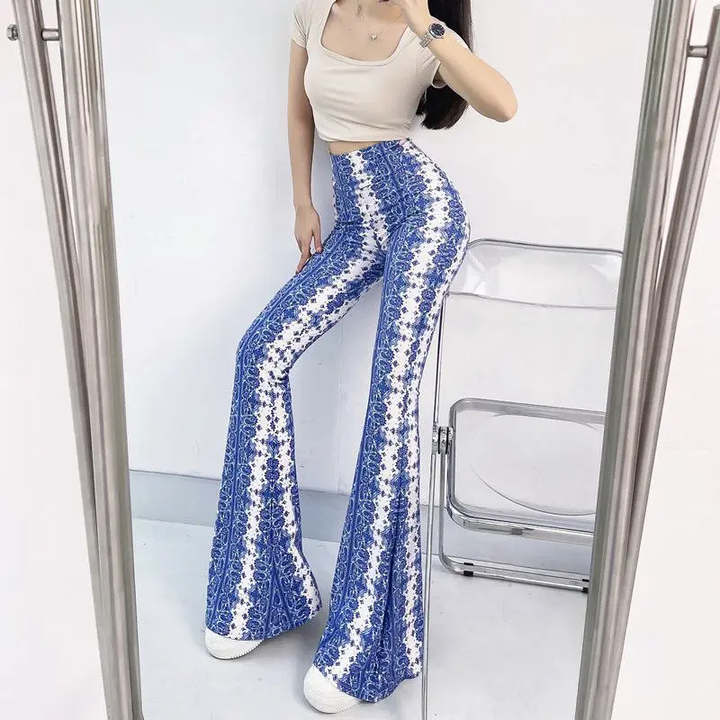 Chic Sexy Wide Leg Flare Pants for Ladies High Waist Stretch Casual Printed Pants in Tall Sizes Perfect for Spring Autumn