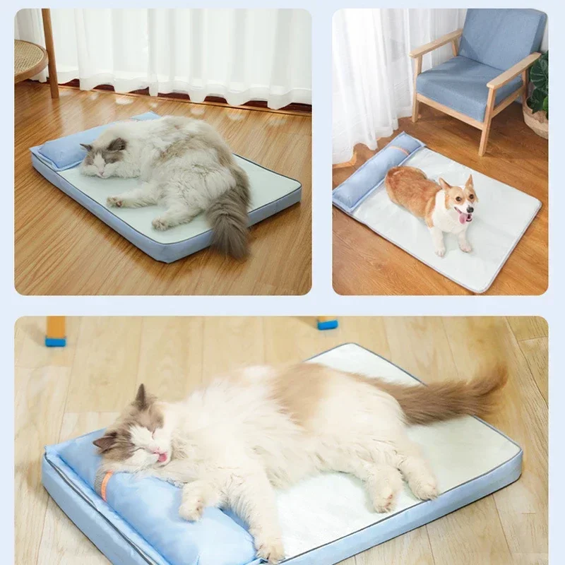 Summer Pet Cool Mattress Orthopedic Memory Foam Pet Sofa with Pillow Heat Dissipation Breathable Waterproof Removable Washable