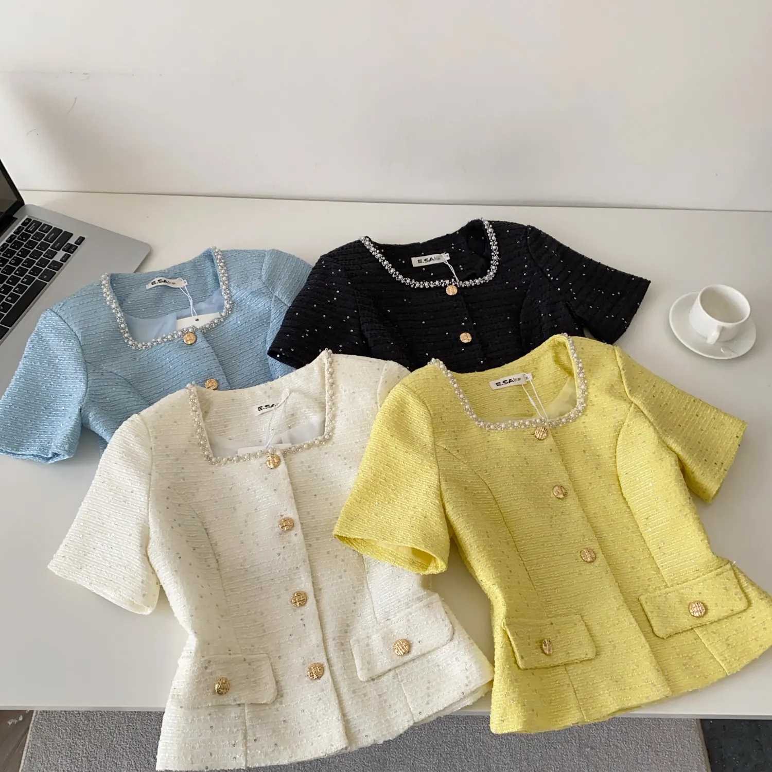 Women's Summer Elegant Beading Square Neck Short Sleeve Slim Tweed Jacket Lady French Style Sequined Single Breasted Outwear Top