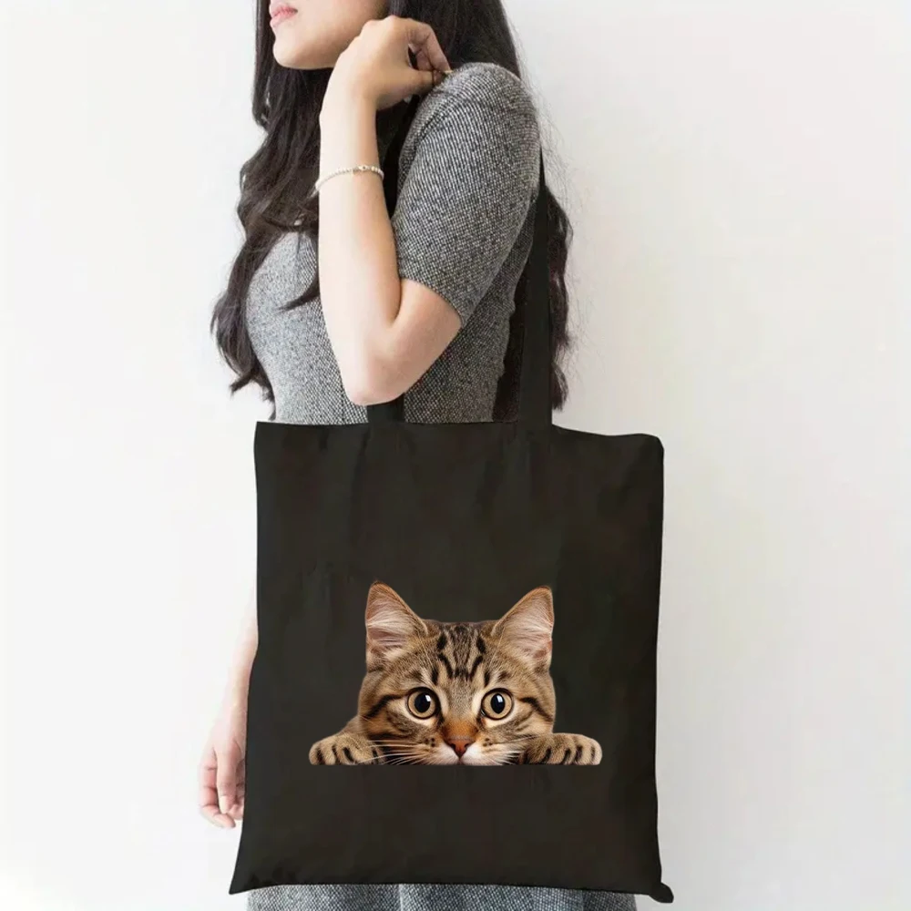 Korean Chic Peeking Tabby Cat Canvas Tote Bag Casual Black Shoulder Bag with Adorable Cat Print for Women Men Everyday Use