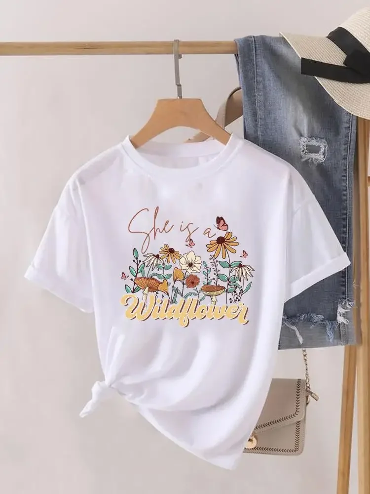 Flower Style Trend Cute Short Sleeve Print Fashion Graphic T-shirt Women Top Lady Female Shirt Tee O-neck Clothing Clothes image 4