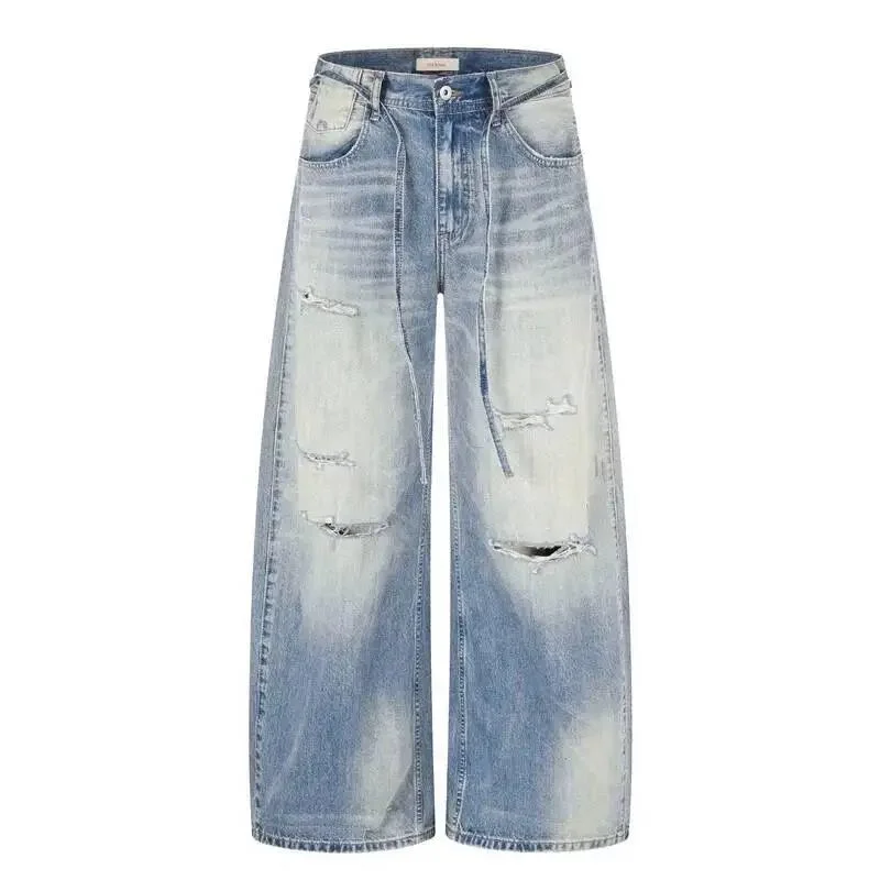 American Style Washed Blue Curved Men's Baggy Jeans Loose Fit Distressed Faded Trendy Casual Wide Leg Denim Pants 5JAA