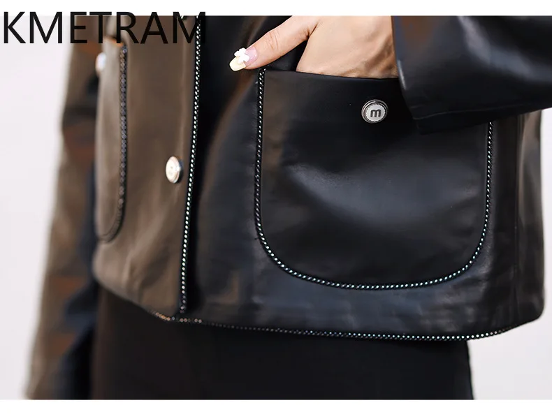 Giacca in pelle di pecora naturale al 100% Donna Giacche corte nere in vera pelle Novità in capispalla Abiti autunnali 2025 Donna дубл Sbianка