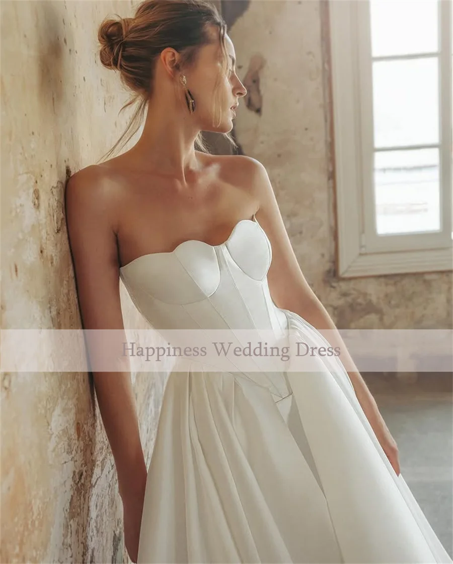 Customized New Sweethart Sleeveless Satin A-Line Wedding Dress Backless Lace Up Bride Dress Wedding Gown