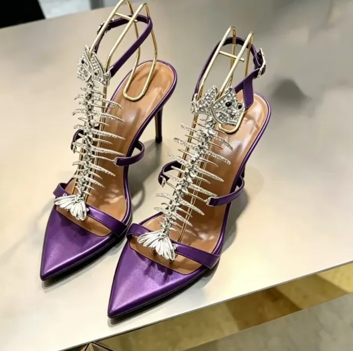 Bling Rhinestone Fish Bone Pointed Toe Fashion Lady Summer Sandals Stiletto High Heels Buckle Strap Design Large Size Shoes view 4