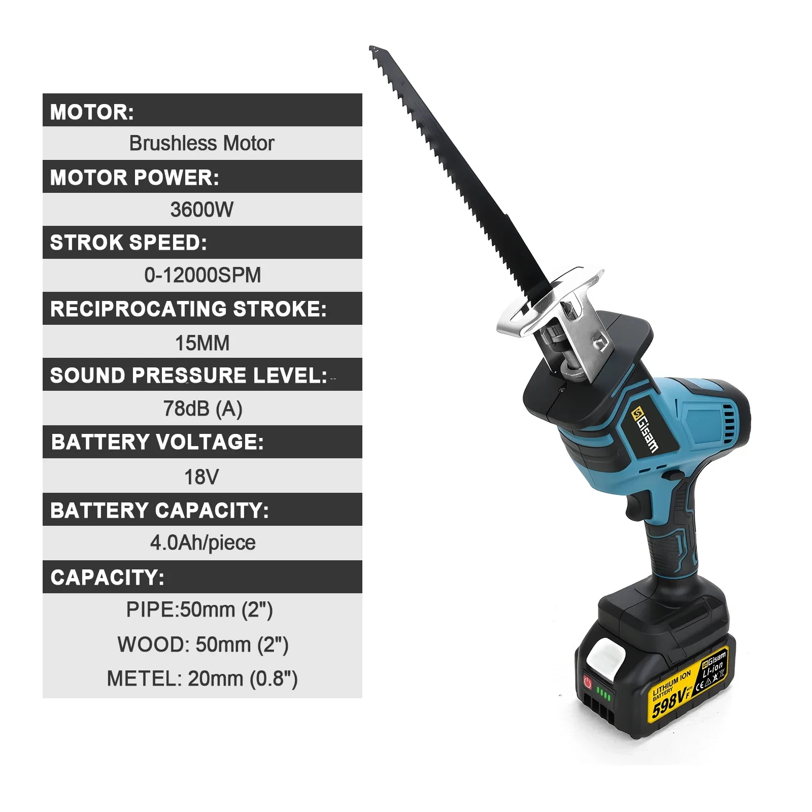 Gisam 3600w Brushless Reciprocating Saw Electric Chainsaw Wood Metal PVC Pipe Cutting Power Tool for Makita 18V Battery Pins view 6