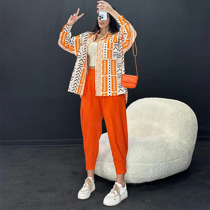 2024 Casual Suit Loose Plus Size Fashionable Women's Long Sleeved Shirt Leg Binding Harem Pants Two-piece Set