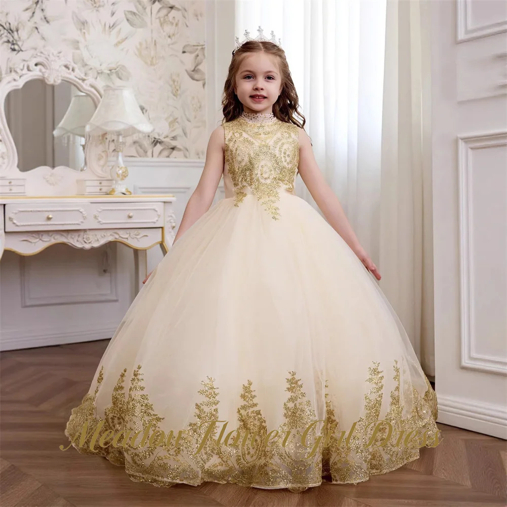 Meadow Gold Embroidered O Neck With Pearl Rhinestone Kids Birthday Party Dress Floor Length Tutu Fluffy Prom Gown Customized