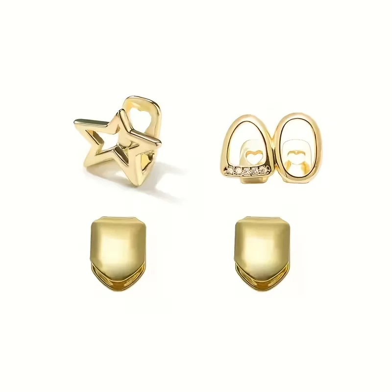 4Pcs Gothic Hip-Hop Teeth Grills - 14K Golden Plated Copper Double Hollow Star & Cubic Synthetic Zirconia Grillz