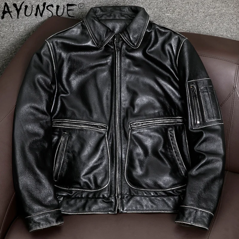 

AYUNSUE Genuine Leather Jacket Men Spring Vintage Cowhide Coat Plus Size Mens Jackets 5xl Fashion 2024 Chaquetas Hombre