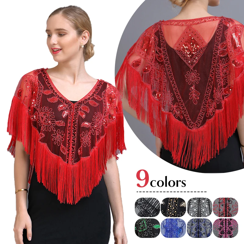 Women 1920s Sequined Shawl With Tassels Beaded Pearl Fringe Sheer Mesh Wraps Bolero Cape Cover Up  Lace Bridal Cape