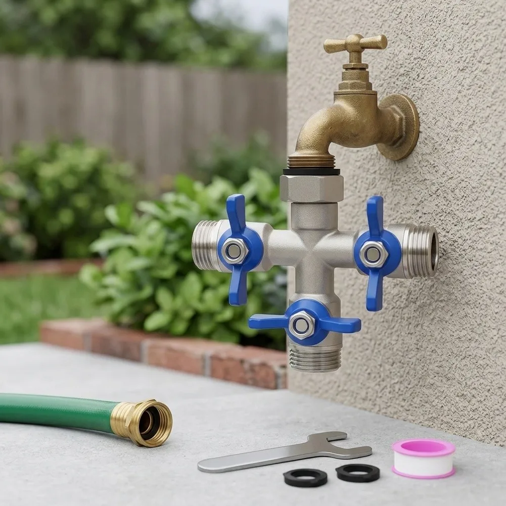 Stainless Steel 3-Way Garden Hose Connector with Thick Wall Construction for Stability Under High Water Pressure