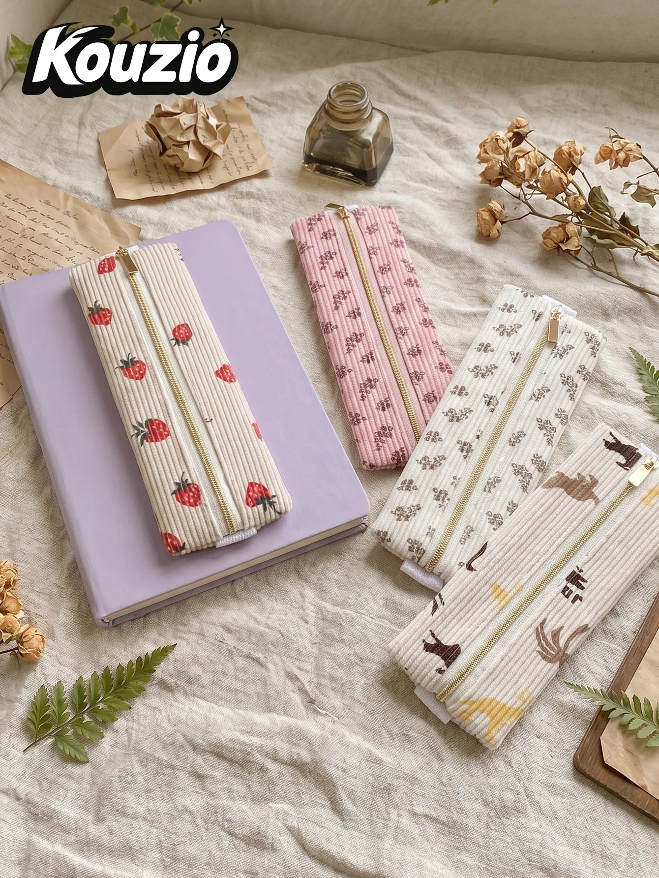 Kawaii Corduroy Slim Pencil Case Zipper Mini Pen Bag Cute Compact Stationery Pouch Organizer Back to School Supplies