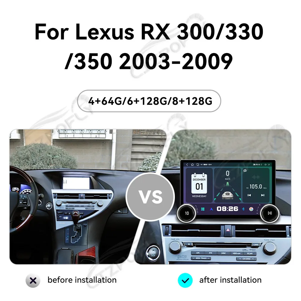 

Модернизированная 11,5-дюймовая магнитола Lizpofly для Lexus RX300/RX330/RX350 03–09 с беспроводными CarPlay и Android Auto, сенсорным экраном и GPS-навигацией