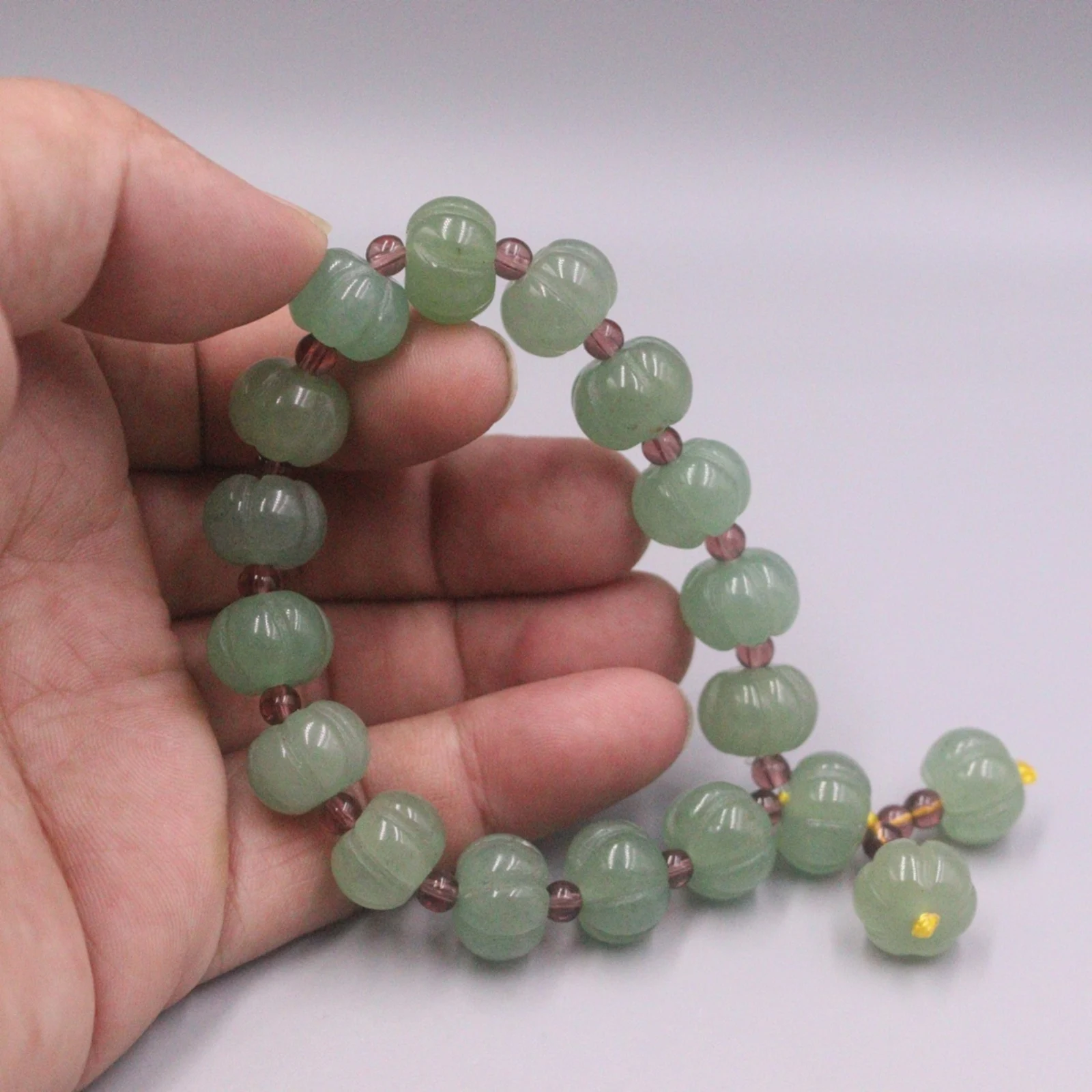 Natural Aventurine Jade Lucky Men Women 13mm Width Carved Pumpkin Beaded Bracelet