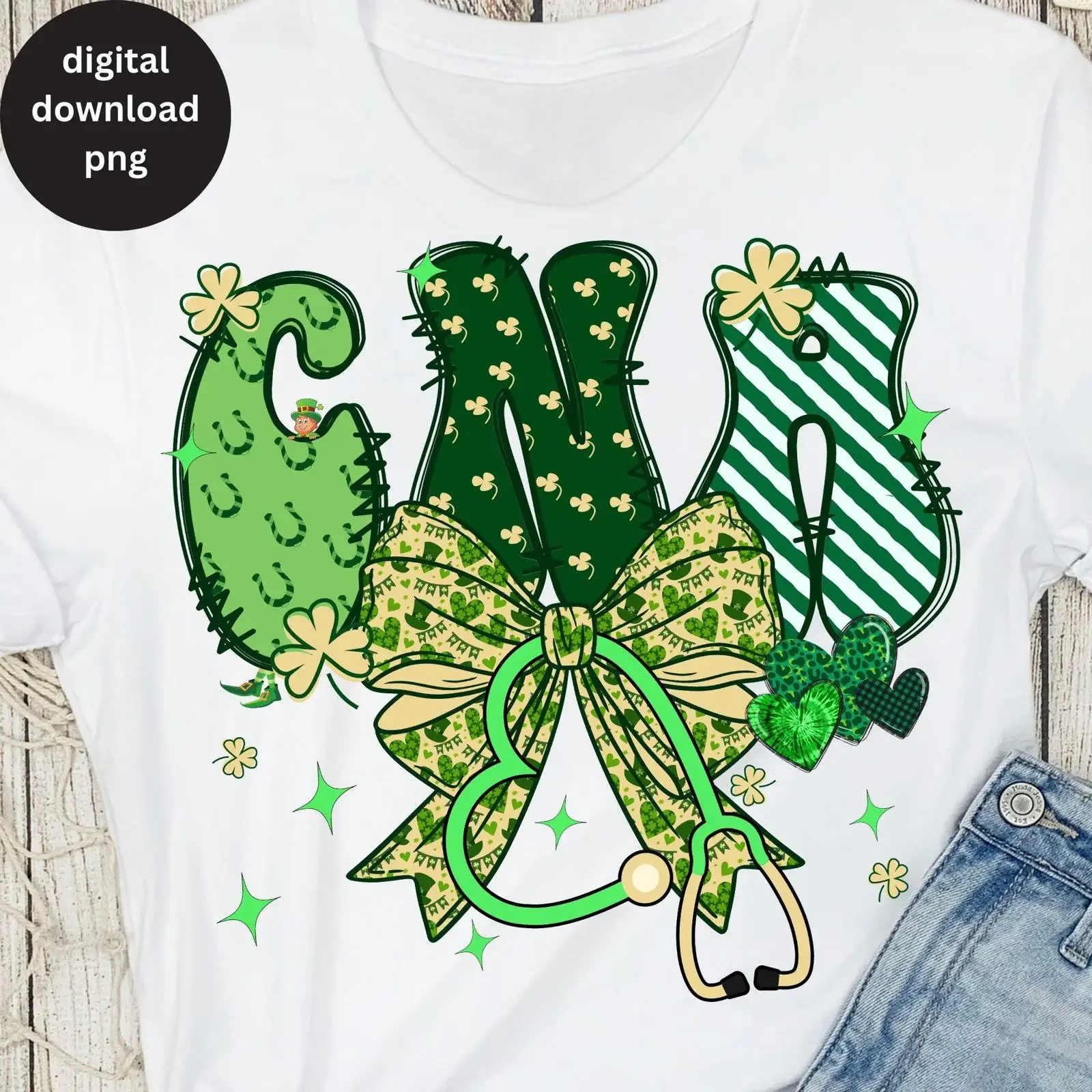 St Patrick's Day CNA Bow PNG Lucky Shamrock Certified Nursing Assistant Sublimation Design for T Shirt Print Digital Download