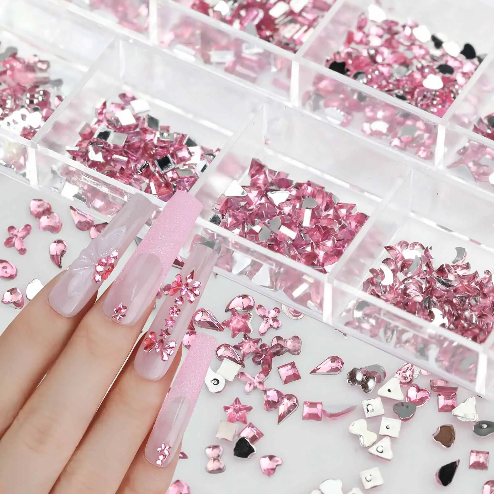 3D pink Crystal Rhinestone Nail Accessories 12 Boxes Flat Back Acrylic Stickers Nail Art Decorations Sequins