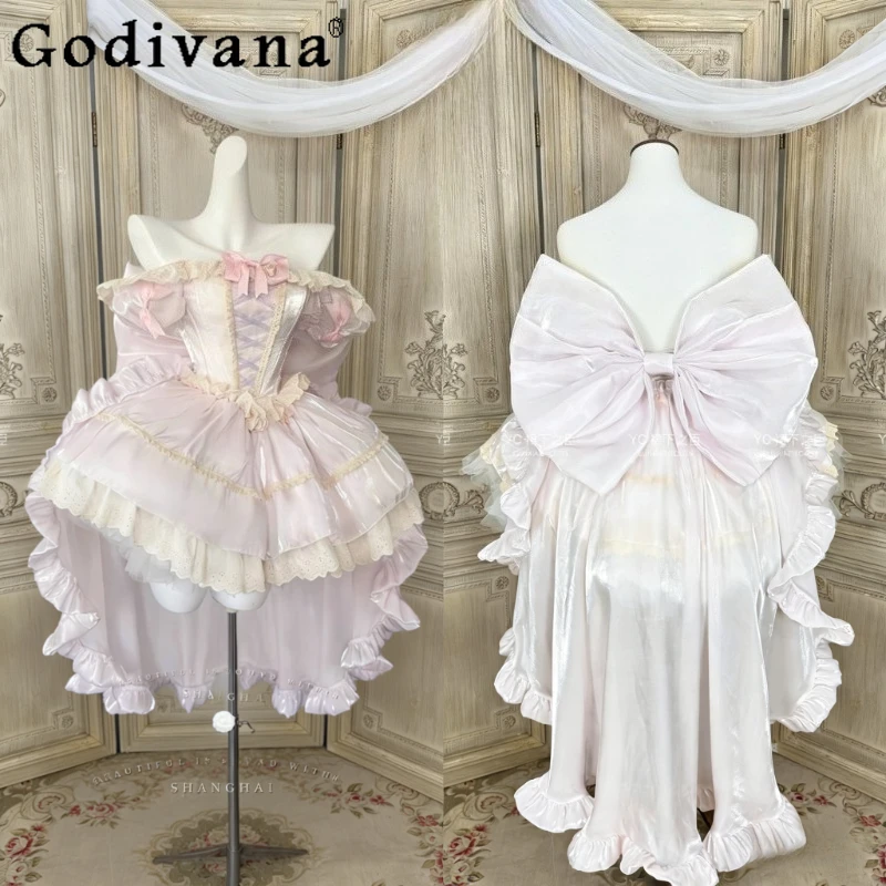 

Sweet Lolita Princess Dress Spring and Summer Women Elegant Ruffle Big Bow Trailing Ball Gown Lady Wedding Party Dress Vestido