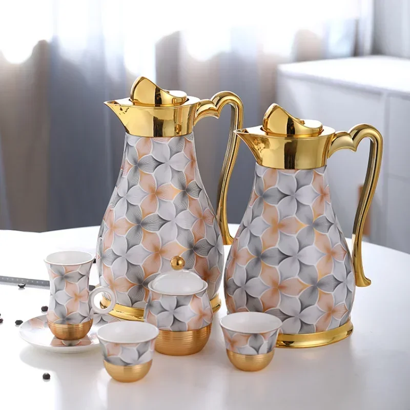 Stylish gold-plated dignity pattern design porcelain coffee pot cawa cup gift set arabic turkish insulated vacuum flasks