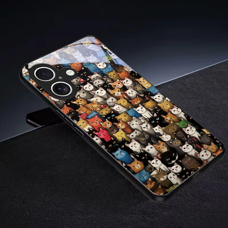 Whimsical Cat Crowd Black Glass Phone Case For iPhone 18 16 11 Pro 12 13 mini 14 15 Pro Max 16E 17 Air XsMax XR 8 7 Plus X Cover view 3
