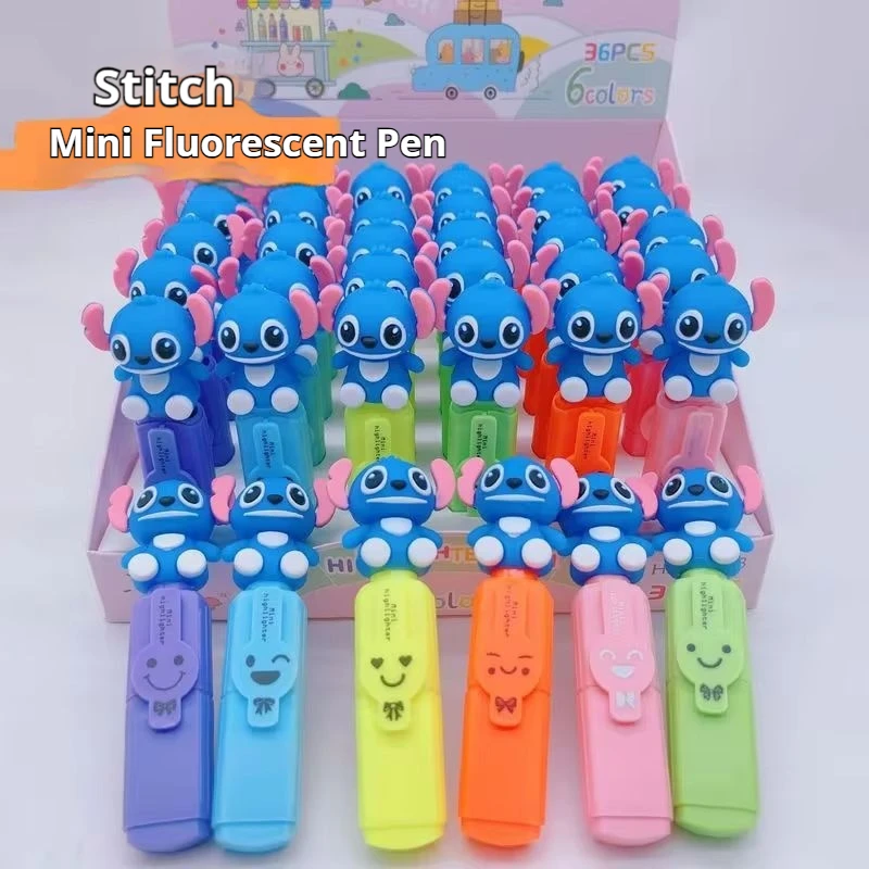 20/36pcs Disney Stitch Cartoon Anime Mini Fluorescent Pen Student Color Marking Pen Hand Account Pen Stationery Gift Wholesale