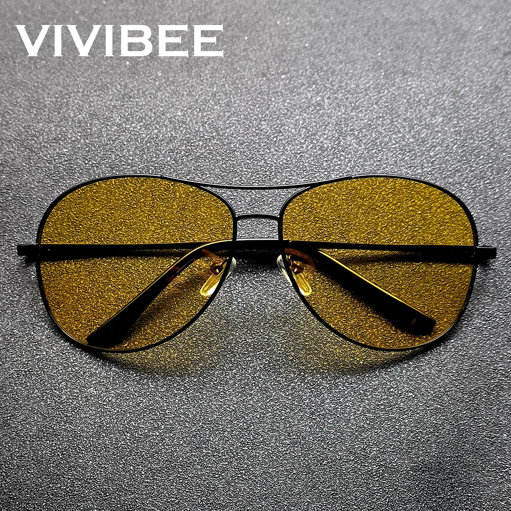 VIVIBEE Metal Aviation Night Vision Glasses for Men Driving Yellow Polarized UV400 Lens Pilot Goggles Nightvision Sunglasses