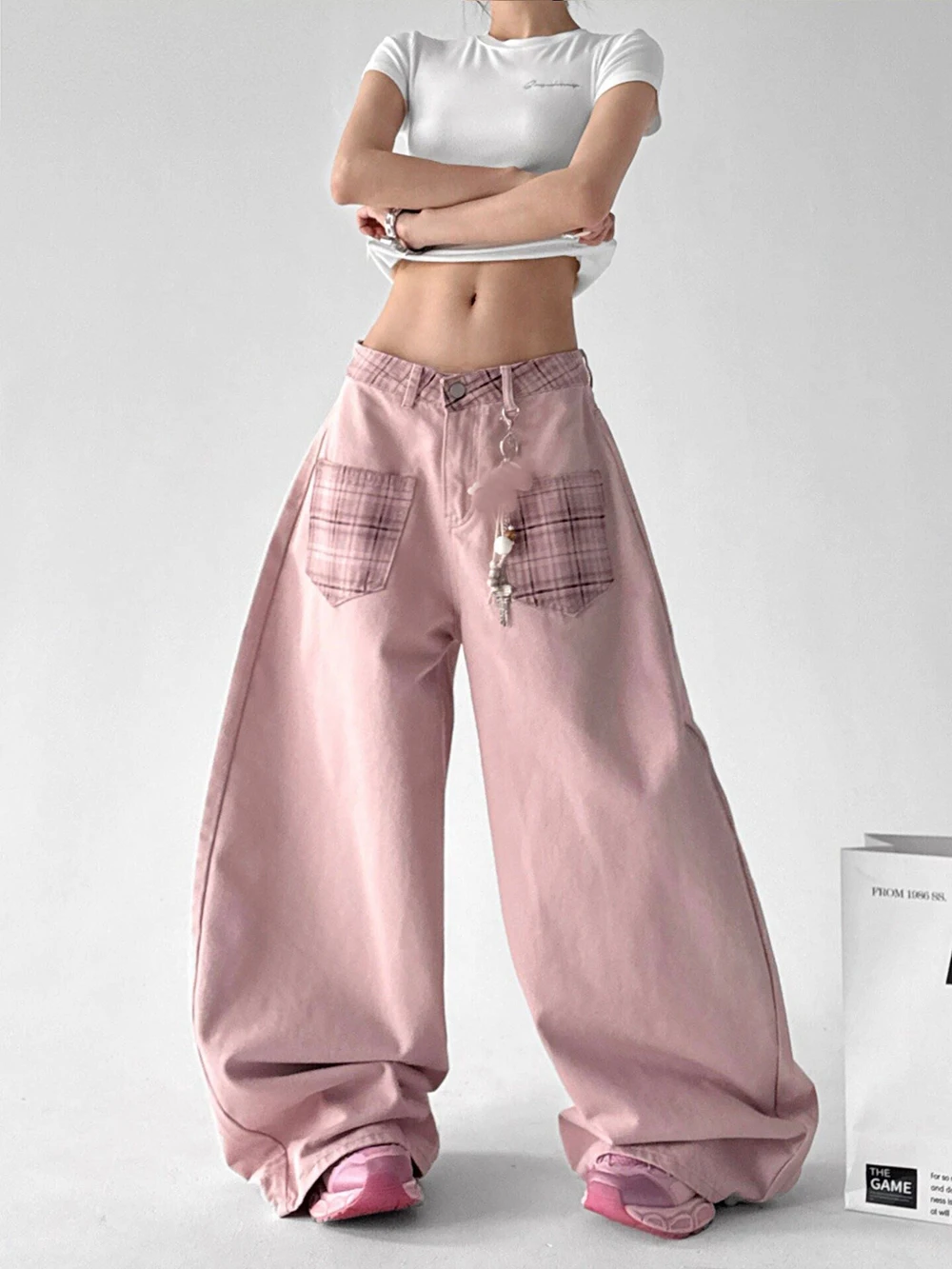 Plaid Splicing Pink Wide Leg Jeans New Women Autumn High Waist Loose Wide Pants Temperament All-match Baggy Denim Trouser