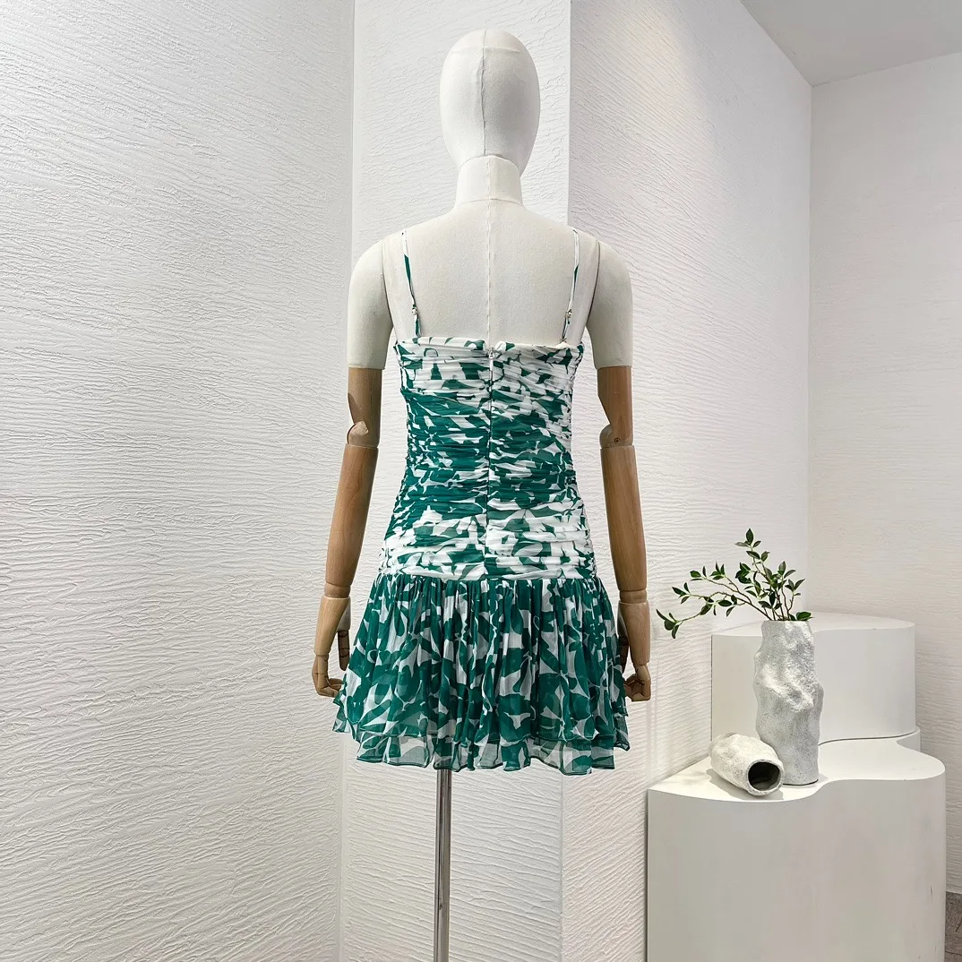 Vintage 2024 Spring Summer Green Floral Print Sleeveless Ruched Tube Mini Dress High Quality Strapless Sexy Sling for Woman