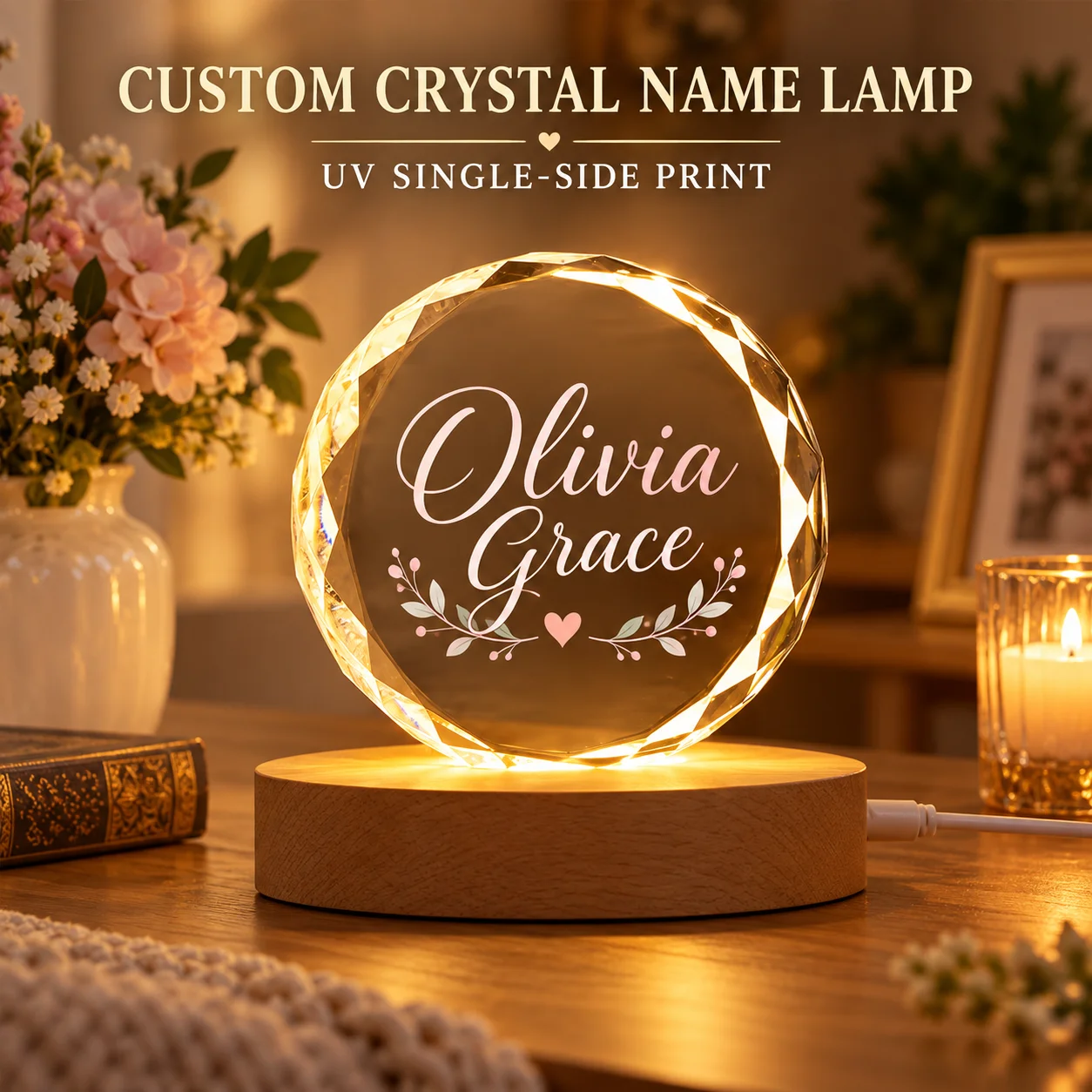 Personalized Crystal Photo Lamp Custom Picture Night Light UV Printing Warm LED Base Home Decor Gift for Birthday Anniversary We